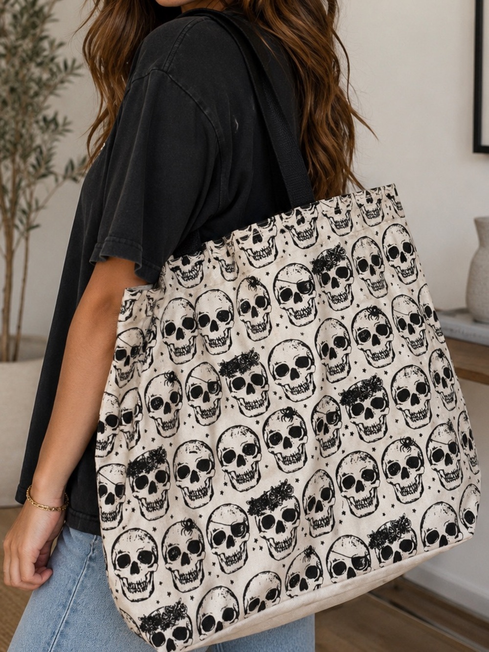 . Skulls Halloween 100% Cotton Canvas XL Reusable Shopping Tote Bag